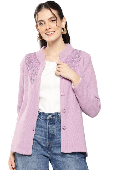 Aarika Womens Winter Wear Purple Colour Embroidery Woolen Cardigan (S-L)