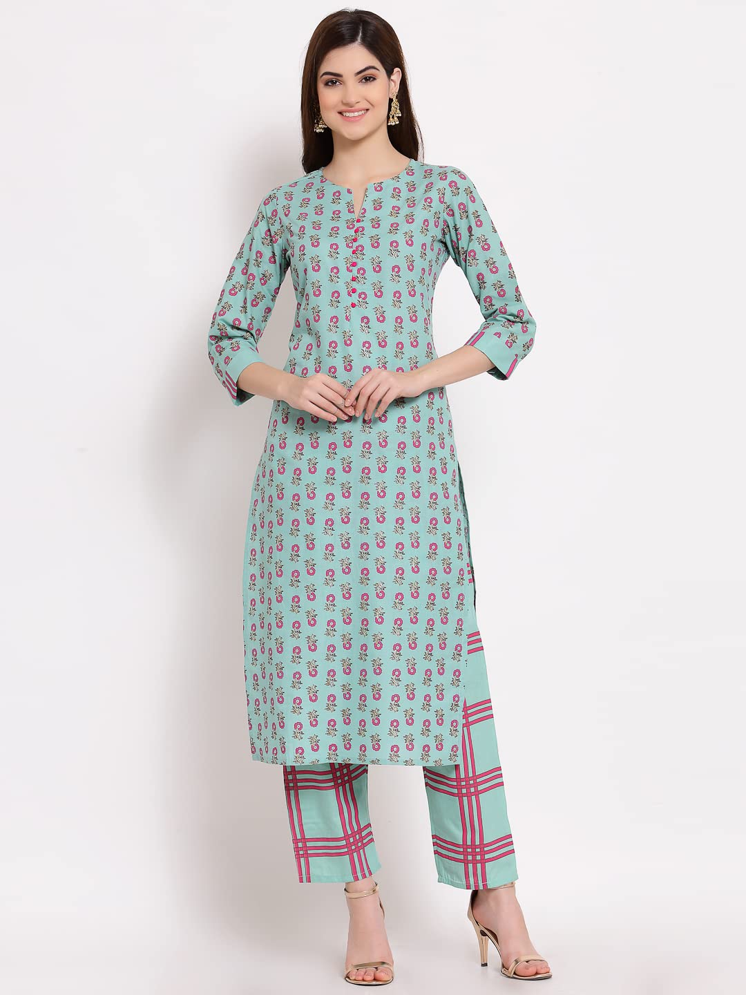 ANNI DESIGNER Women's Cotton Straight Kurta with Pant (KPT-COT-10029-SEA Green)