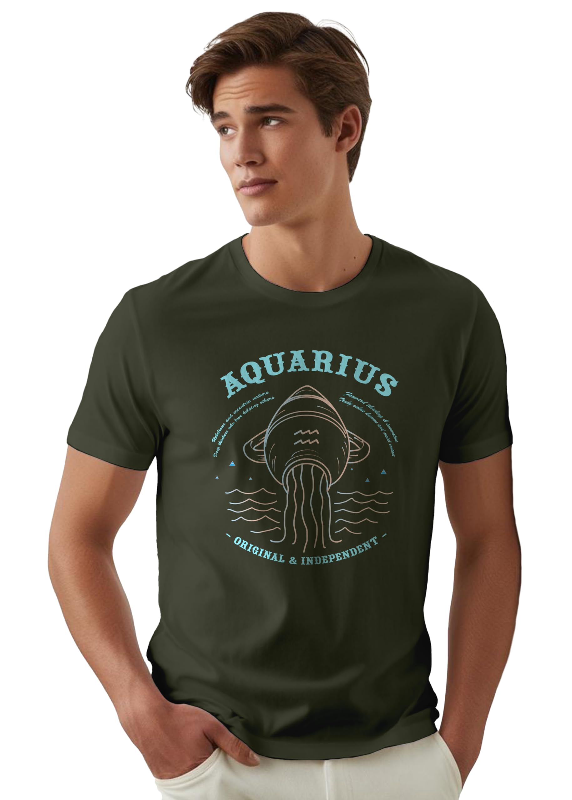 Peppyzone Mens Regular Fit T-Shirt (PZ-ZodiacAquarius6001_Olive
