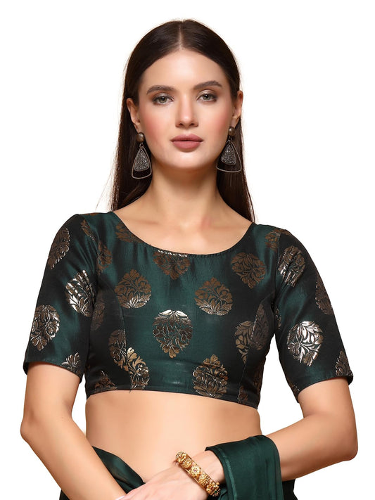 OOMPH! Womens Indian Ethnic Wear Designer Big Paisley Pattern Zari Work Boat Neck Half Sleeve Forest Green Color Brocade Readym