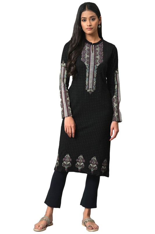 W for Woman Black Floral Printed Straight Winter Kurta