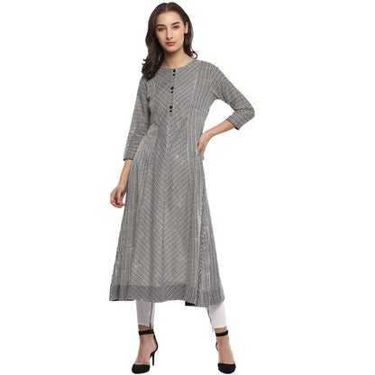 Idalia Striped 3/4 Sleeve,Round Neck Cotton Flared Kurtas For Women Black