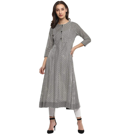 Idalia Striped 3/4 Sleeve,Round Neck Cotton Flared Kurtas For Women Black