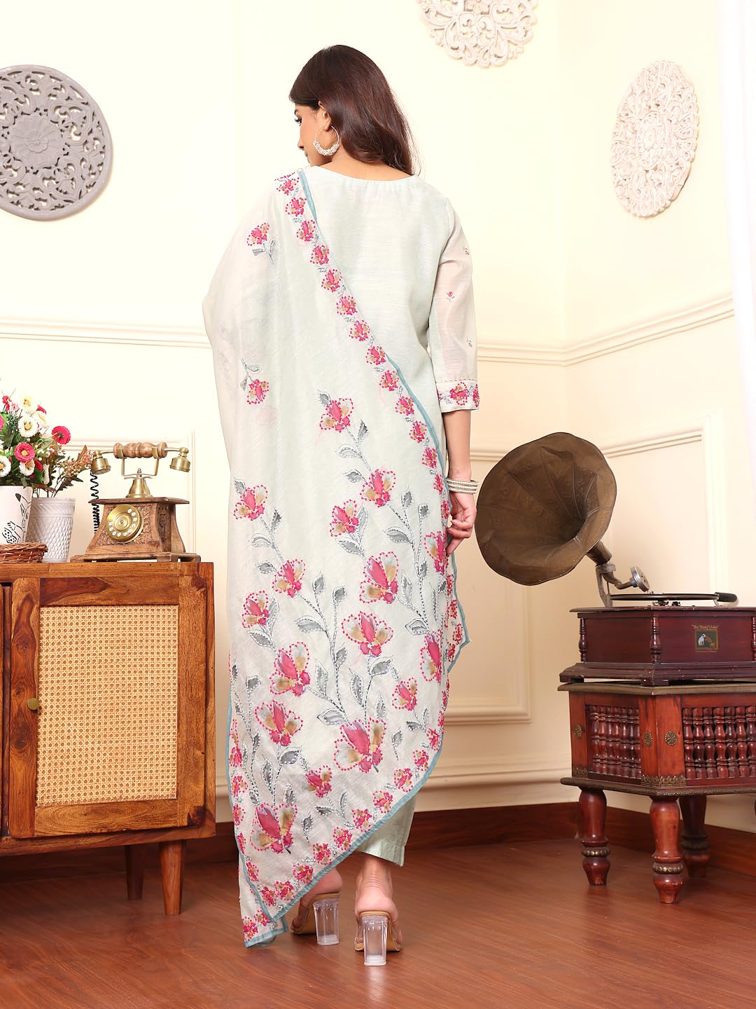 Varanga Women Aqua Blue Thread Embroidered Straight Kurta Set With Printed Dupatta