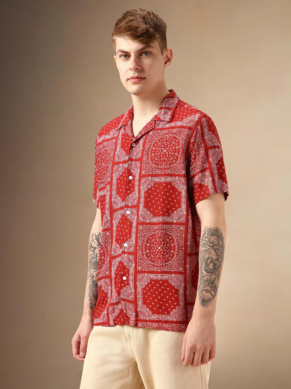 Dennis Lingo Men Red Rayon Half Sleeve Cuban Collar Printed Shirts