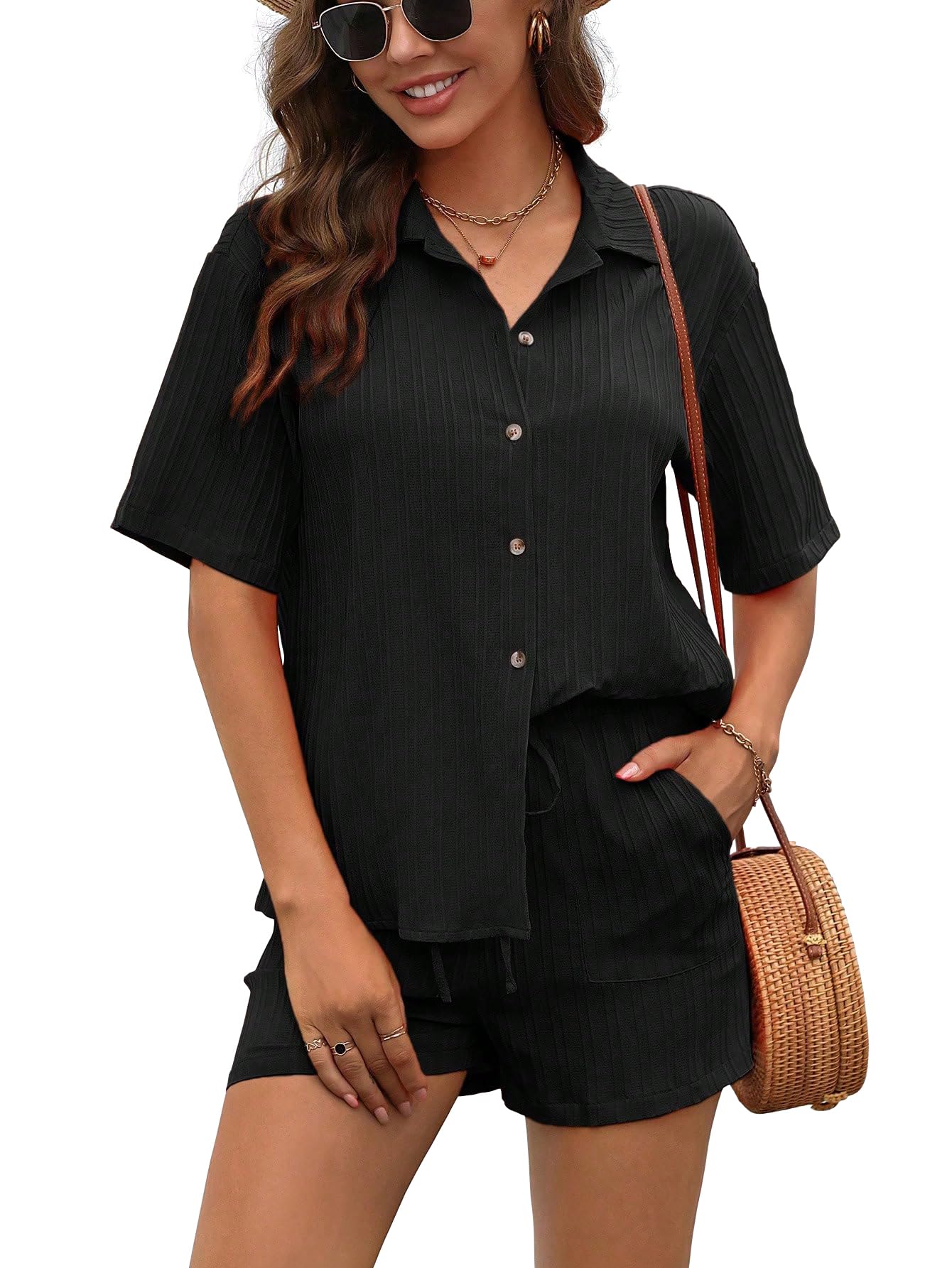Shasmi Women & Girls Black Solid Color Button Front Vacation Solid Texture Short Sleeve Loose Fit Drop Shoulder Pocket Shirt and