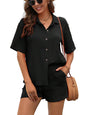 Shasmi Women & Girls Black Solid Color Button Front Vacation Solid Texture Short Sleeve Loose Fit Drop Shoulder Pocket Shirt and