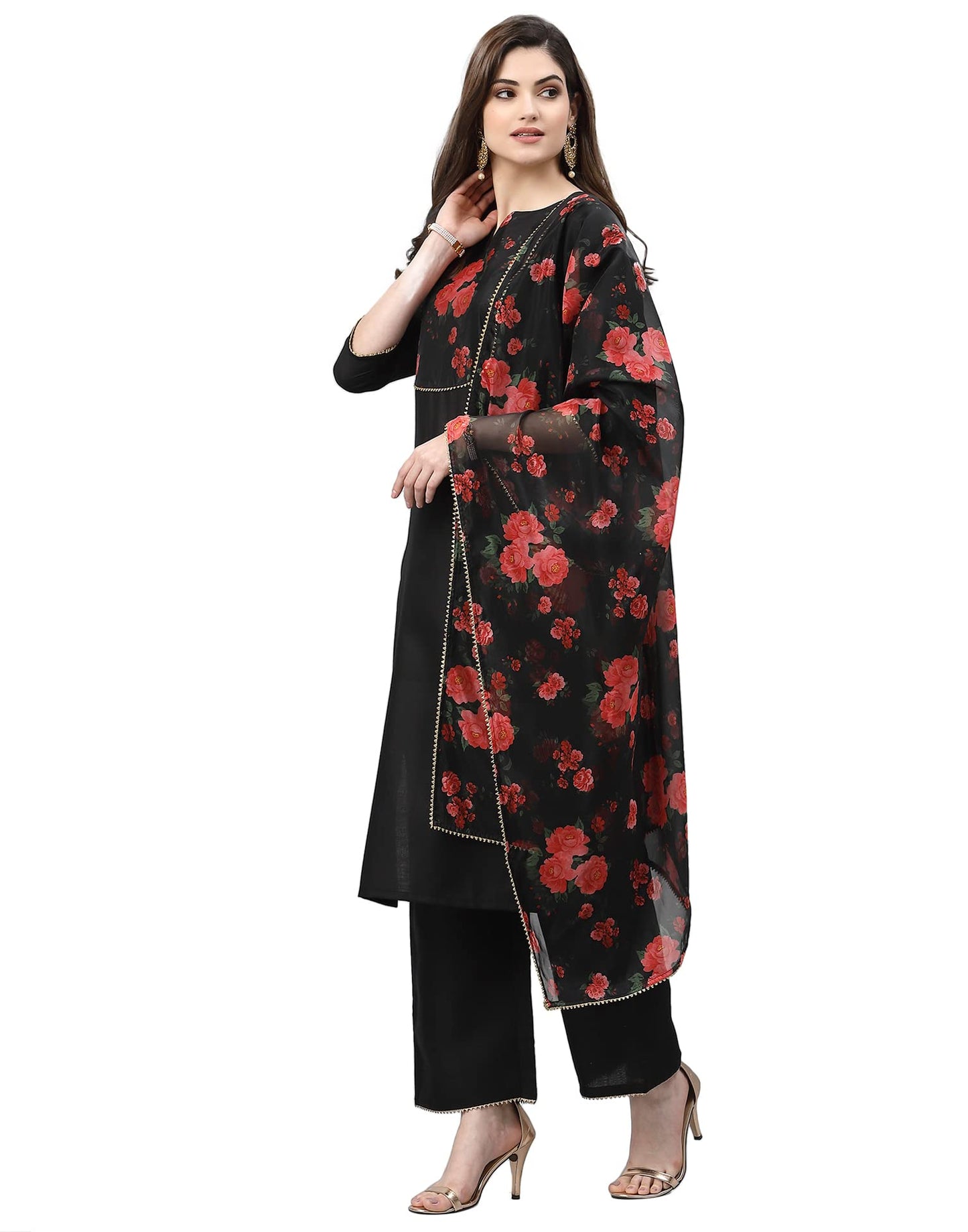 Sanisa Organza Women's Hira Slub/Orgenza Digital Straight Kurta Set with Dupatta (4KBDN135-XL_Black)