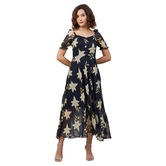 Rare Women'S Chiffon Fit And Flare Maxi Casual Dress (Ep6218_Navy Blue_X-Large)