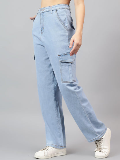 Kotty WomenS High Rise Solid Cotton Blend Stylish Cargo Jeans(Blue,30)