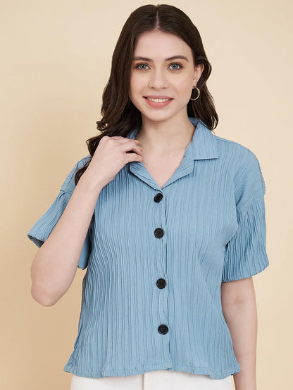 Vairagee Women Cotton Blend Blue Striped Pattern V-Collar Half Sleeve Stylish Boxy Shirt (1621)