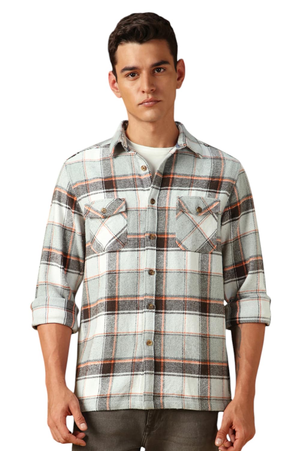 Dennis Lingo Men Flannel Check 100% Cotton Relaxed Fit Full Sleeves Shirts Grey