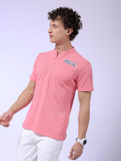 The Indian Garage Co Men Slim Fit Placement Embroidery Henley Tshirt Strawberry