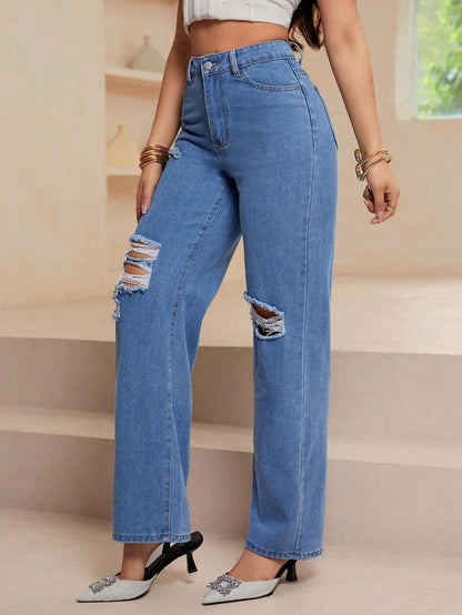 Kotty WomenS Cotton Blend Distressed Straight Fit Trendy Ripped Denim Jeans(Blue,28)