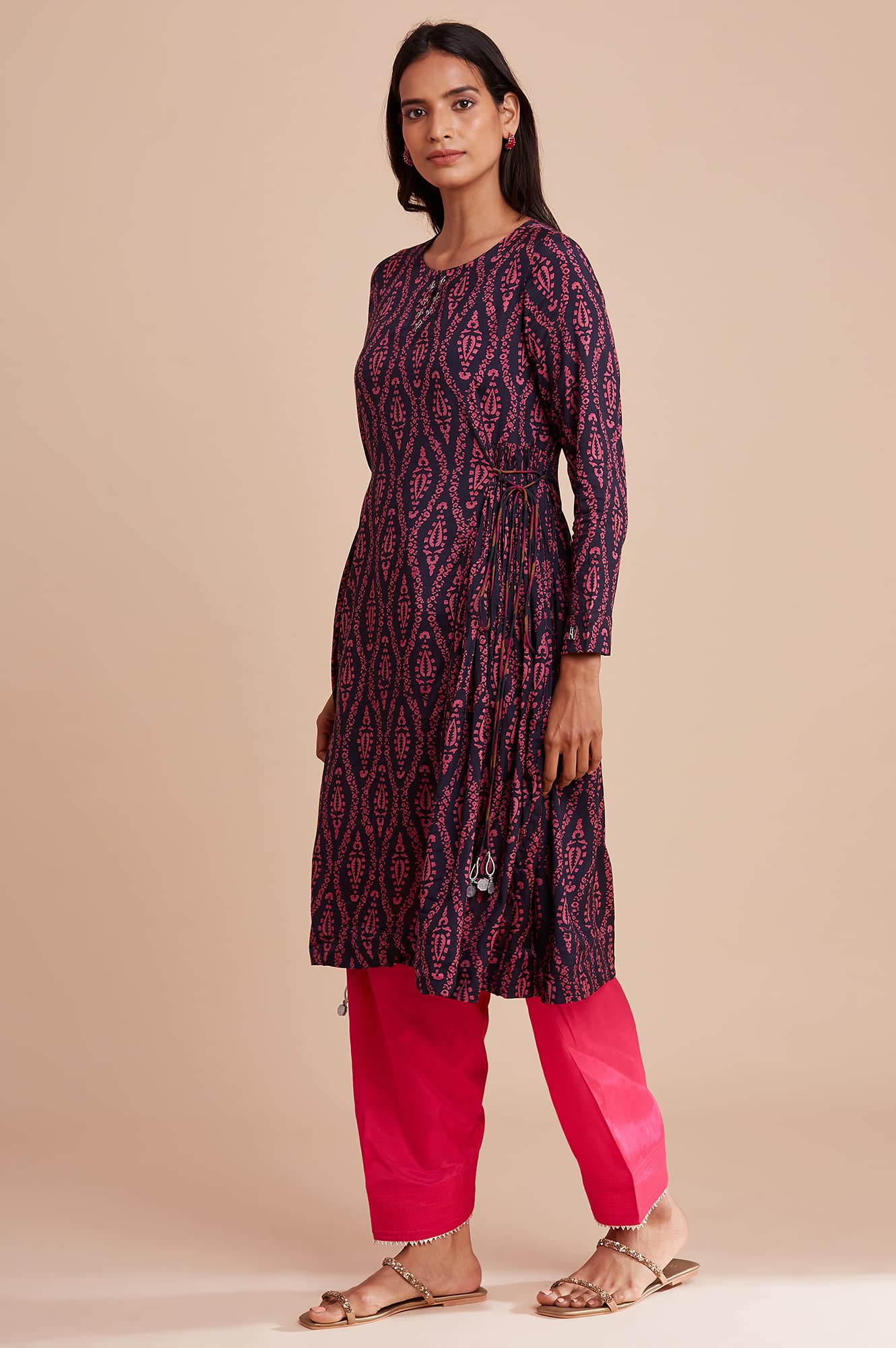 W for Woman Women's Round Neck Kurta Block Print 42 L Full SLV