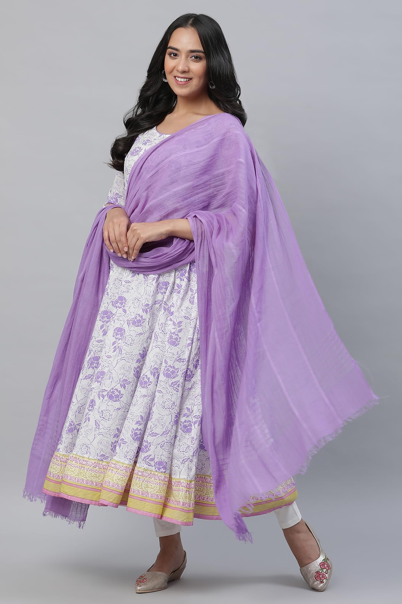 Aurelia White Kalidar Floral Printed Kurta, Tights and Dupatta Set