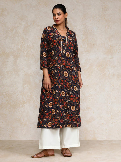 Varanga Women Ethnic Jaipuri Printed V Neck A-Line Kurta Blue
