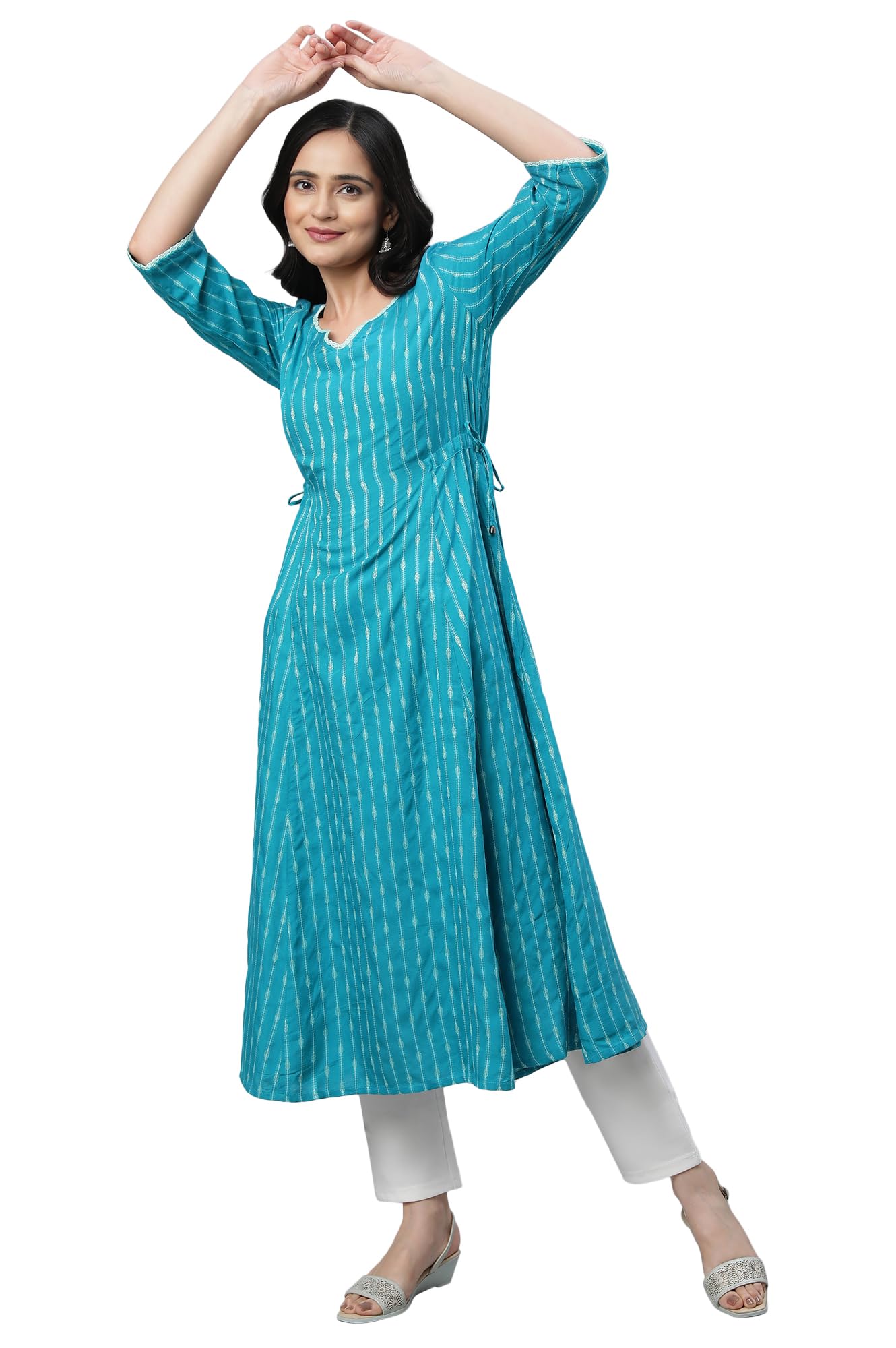Aurelia Women Teal Dobby Geometric Yarn Dyed Straight Kurta_22AUA13352-702534_XS