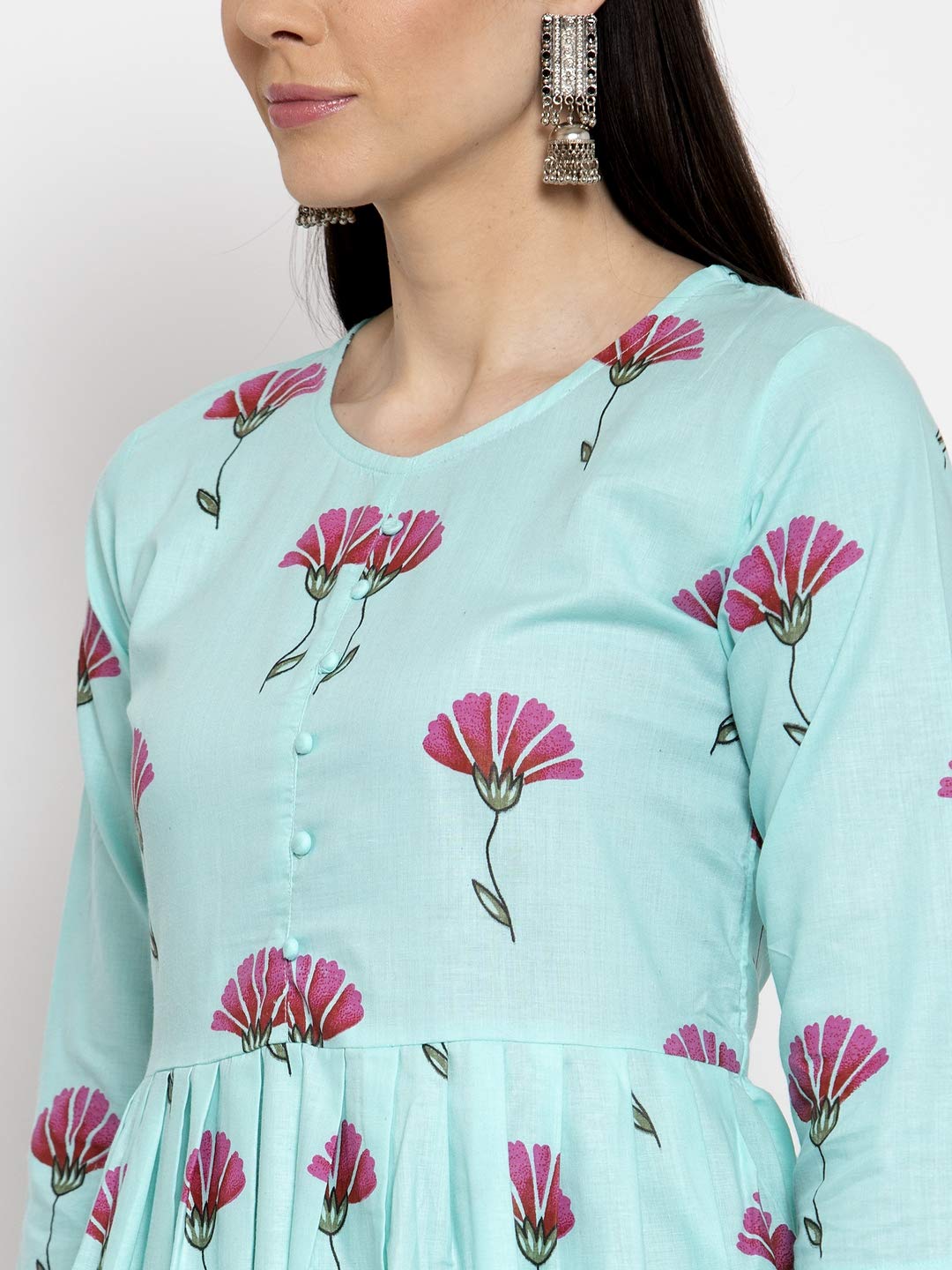ANNI DESIGNER Women's Sea Green Cotton Anarkali Kurta with Plazzo (SARA SEA Green)
