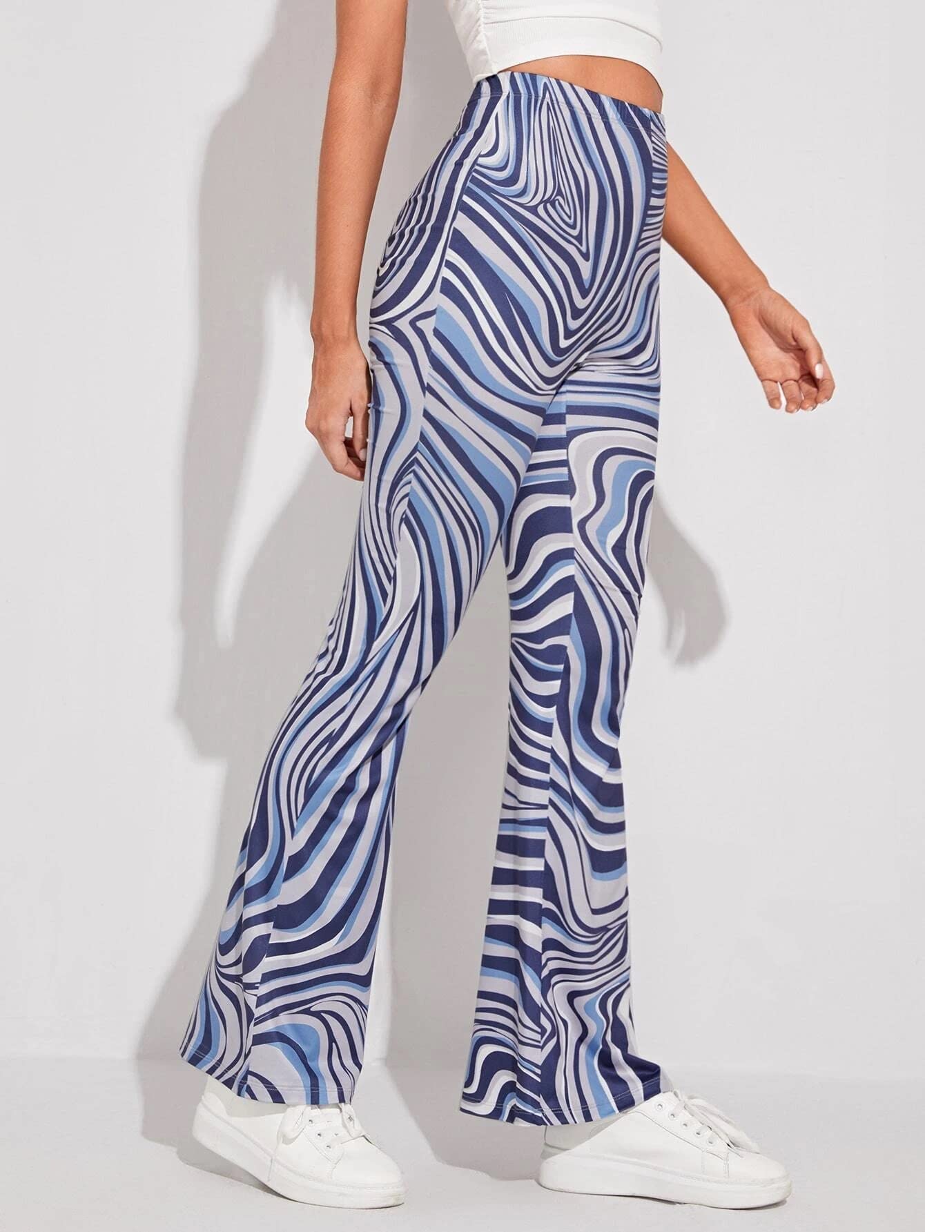 AVANOVA Womens & Girls Sky Blue Leriya Stripe Print Dress Pants Stretchy Work Slacks Business Casual Office Bell-Bottom/Boot-Cu