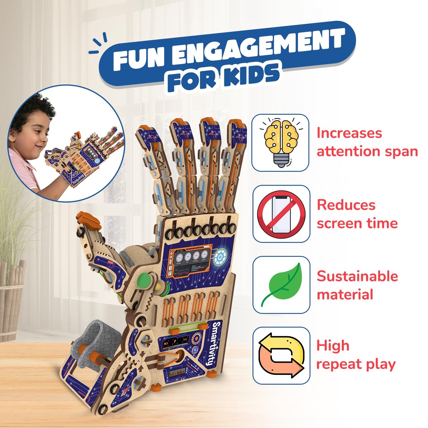 Smartivity DIY Robotic Mechanical Hand STEM Toy, Wood, Model SMRT1135, Engineering Kit for Kids 8-14, 2024 Parents Choice Award Winner
