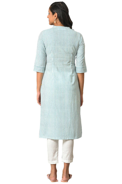 Aurelia Green Vertical Striped Cotton Regular Kurta