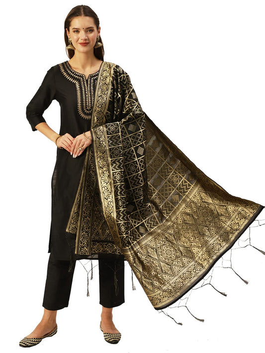 ishin Womens Silk Blend Straight Yoke Design Sequinned Kurta set With Dupatta & Trouser