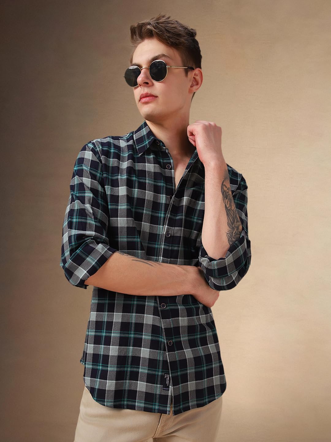 Dennis Lingo Men Blue Checks Cotton Relaxed Fit Full Sleeve Shirts