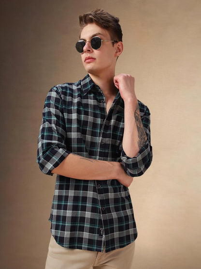 Dennis Lingo Men Blue Checks Cotton Relaxed Fit Full Sleeve Shirts