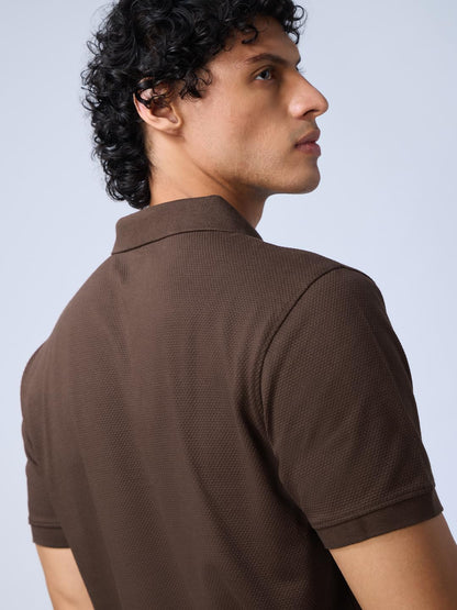 The Souled Store Popcorn: Dark Mocha Men and Boys Short Sleeves Collared Neck Solid Cotton Blend Regular Fit Zipper Polos