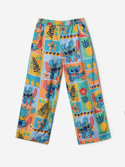 The Souled Store Lilo & Stitch: Pineapple Girls Buttoned Multicolour All Over Printed Straight Fit Cotton Pants (2-8 Yrs)