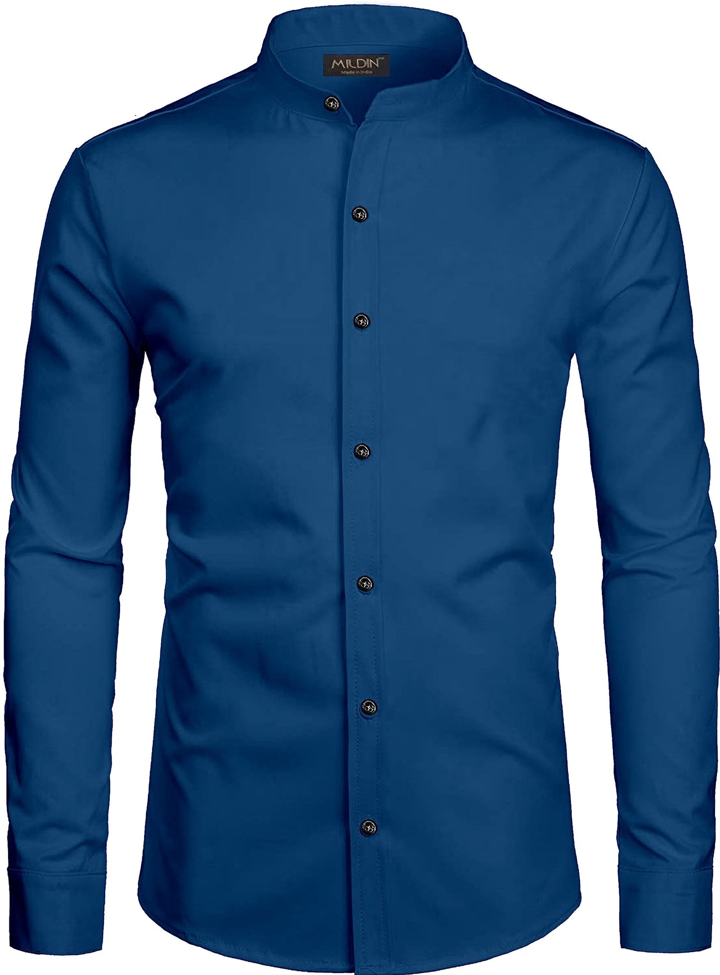 Mildin MenS Cotton Blend Solid Shirt With Mandarin Chinese Collar Full Sleeve Curved Hemline Button Closure Slim Fit | Shirt Fo