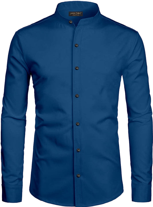 Mildin MenS Regular Cotton Blend Blue Slim Fit Solid Button Down Mandarin Chinese Collar Full Sleeve Curved Hemline Casual Shir