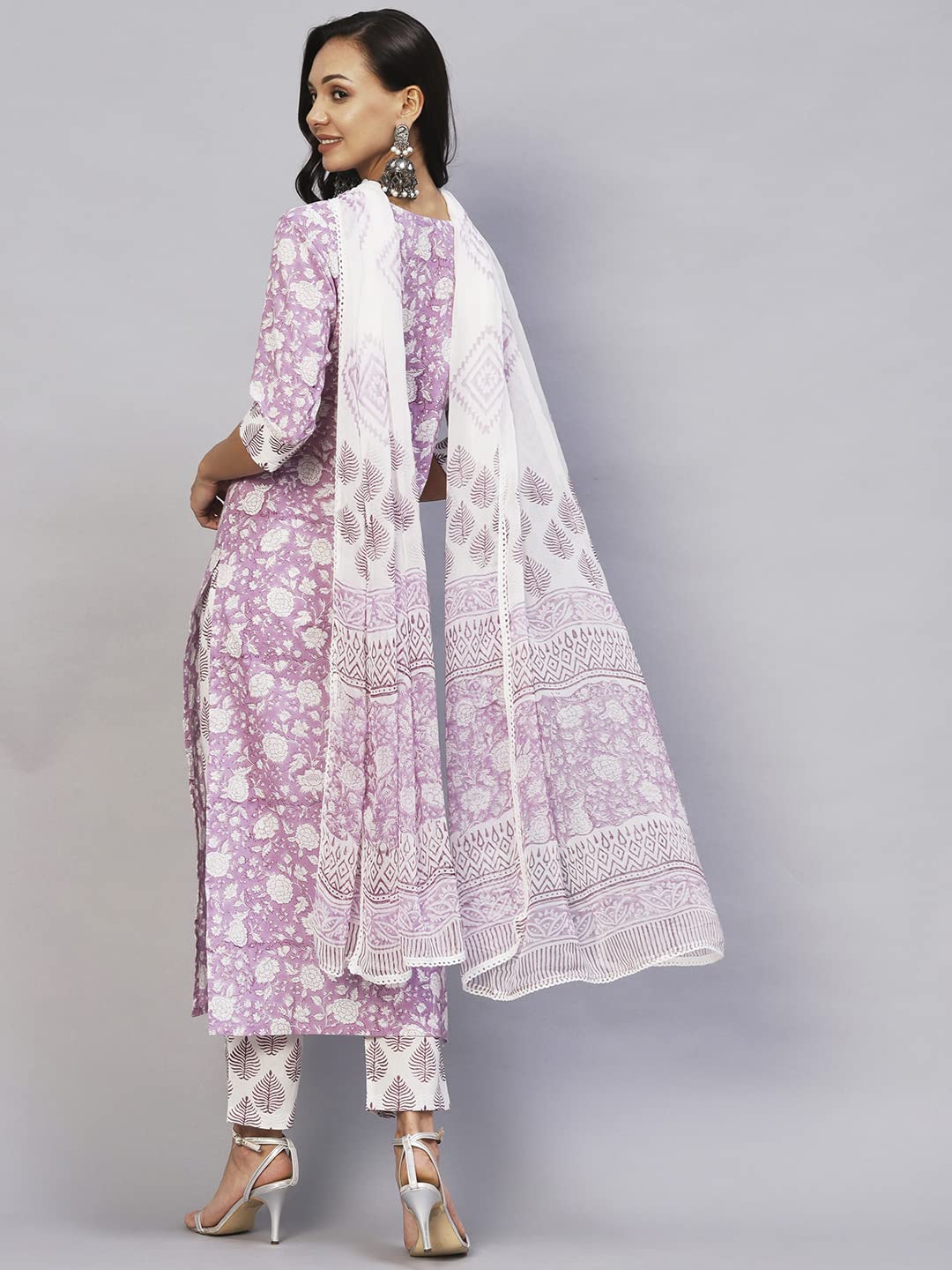 ANNI DESIGNER Women's Cotton Blend Straight Printed Kurta with Pant & Dupatta (Ratnapriya Purple)
