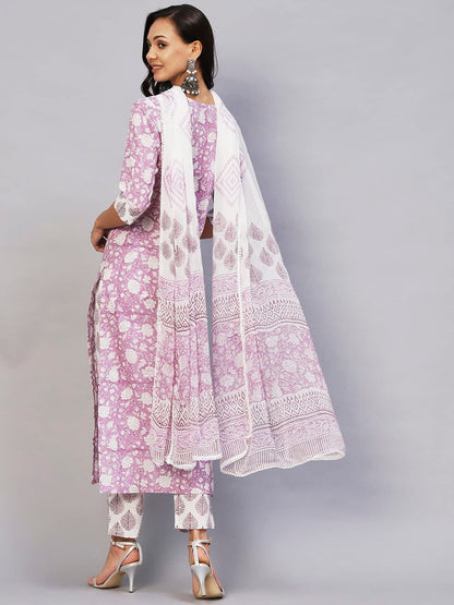 ANNI DESIGNER Women's Cotton Blend Straight Printed Kurta with Pant & Dupatta (Ratnapriya Purple)