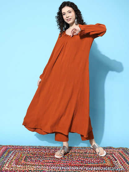 Varanga Women Rust Colour Bishop Sleeve A-Line Kurta With Front Pleat, V-Neck, Paired With Tonal Bottom