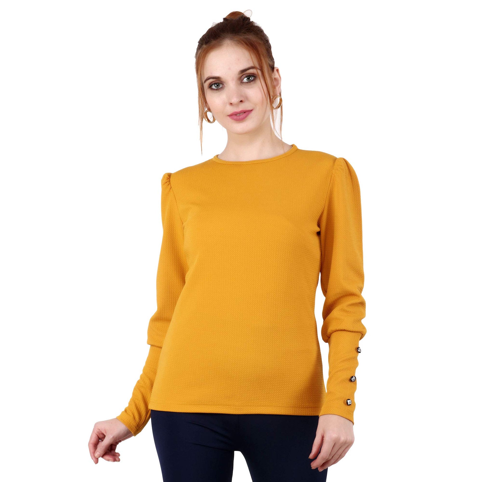 POPWINGS Casual Solid Puff Button Long Sleeves Regular Fit Tops for Women || Summer Round Neck and Stylish Western Mustard Top f