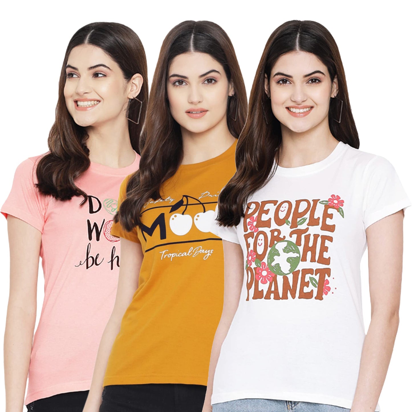 Preneum Womens Cotton Regular Fit Latest Graphic Stylish Printed Short Sleeves Casual T-Shirt || Trendy & Styles (Pack 3), Brig