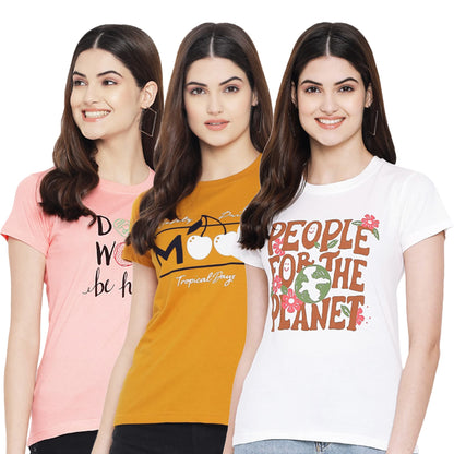 Preneum Womens Cotton Regular Fit Latest Graphic Stylish Printed Short Sleeves Casual T-Shirt || Trendy & Styles (Pack 3), Brig