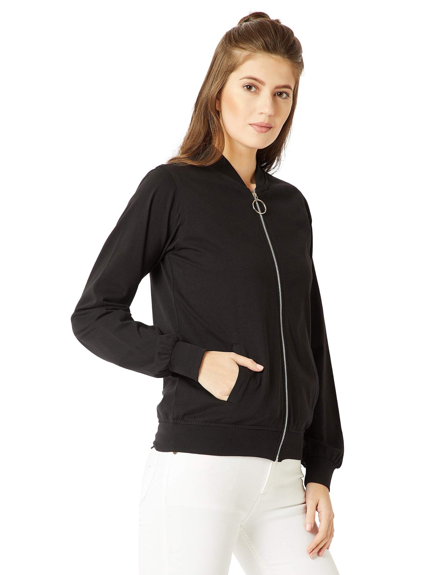 Miss Chase WomenS Cotton Standard Round Neck Full Sleeves Solid Ring Puller Detailing Zippered Bomber Jacket (Mcaw18Jkt02-54-62