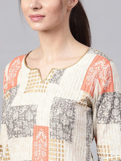 idaLia Women's Off White Printed Cotton Kurta with Printed Pants