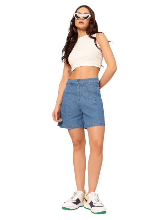 Dolce Crudo Womens Flared High-Rise Regular-Length Stretchable Special Light-Weight Denim Shorts (DOSS25DEN74-96-115-34, Blue, 
