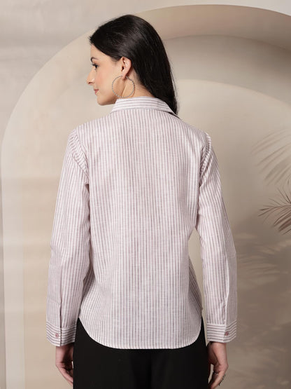 Style Quotient Women Mauve and Off White Stripe Linen Regular Fit Formal Shirt
