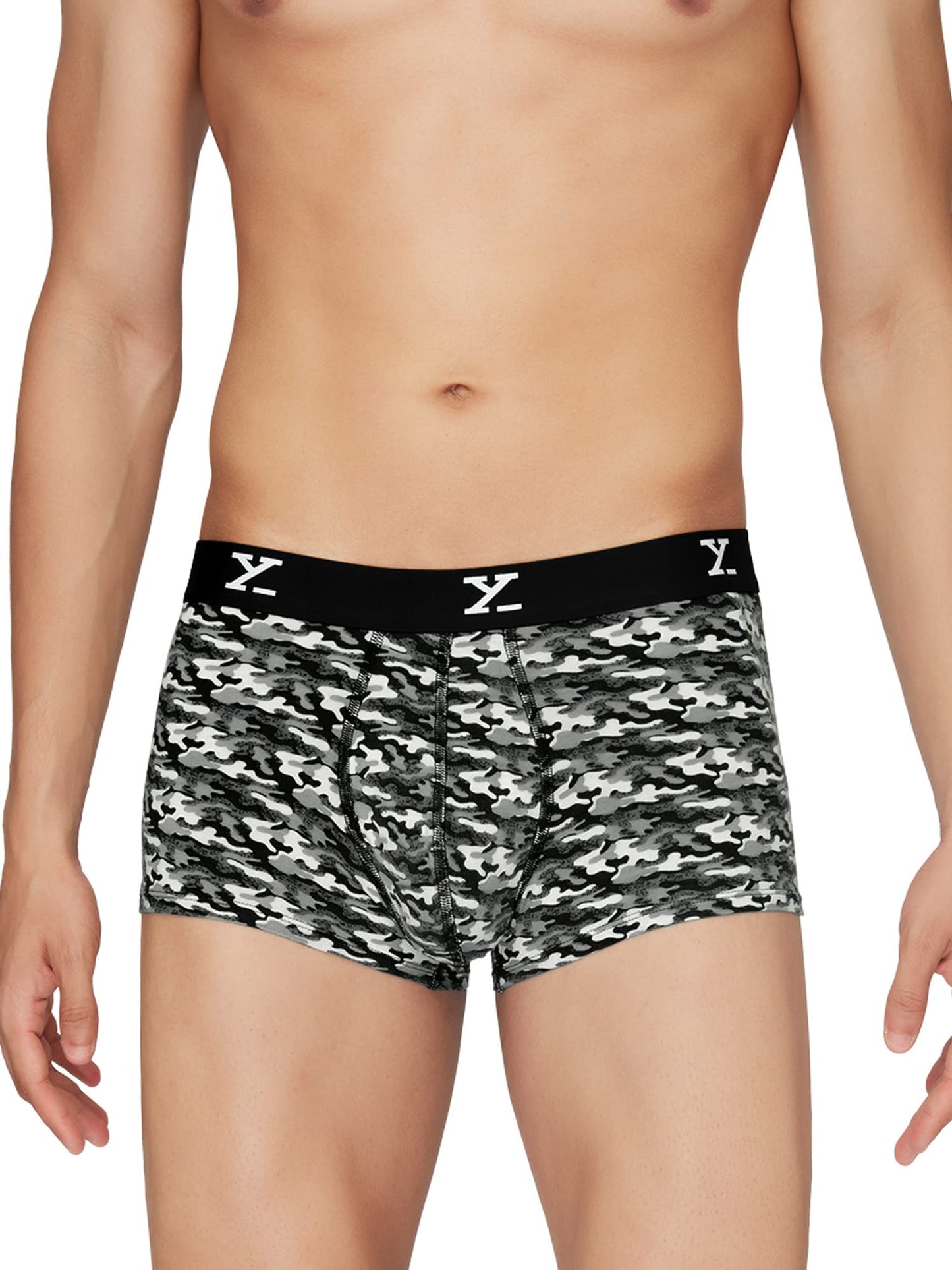 XYXX Mens Underwear Shuffle IntelliSoft Antimicrobial Micro Modal Trunk Pack of 5 (Camo Monocrom;Lighting Bolt;Yoga Pet;Twiligh