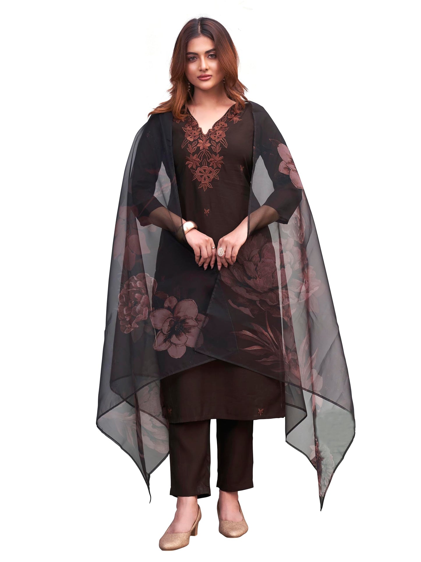 Womanista WomenS Silk Blend Solid Straight Embroidered Kurta Set (Kurtaset_1393_Brown