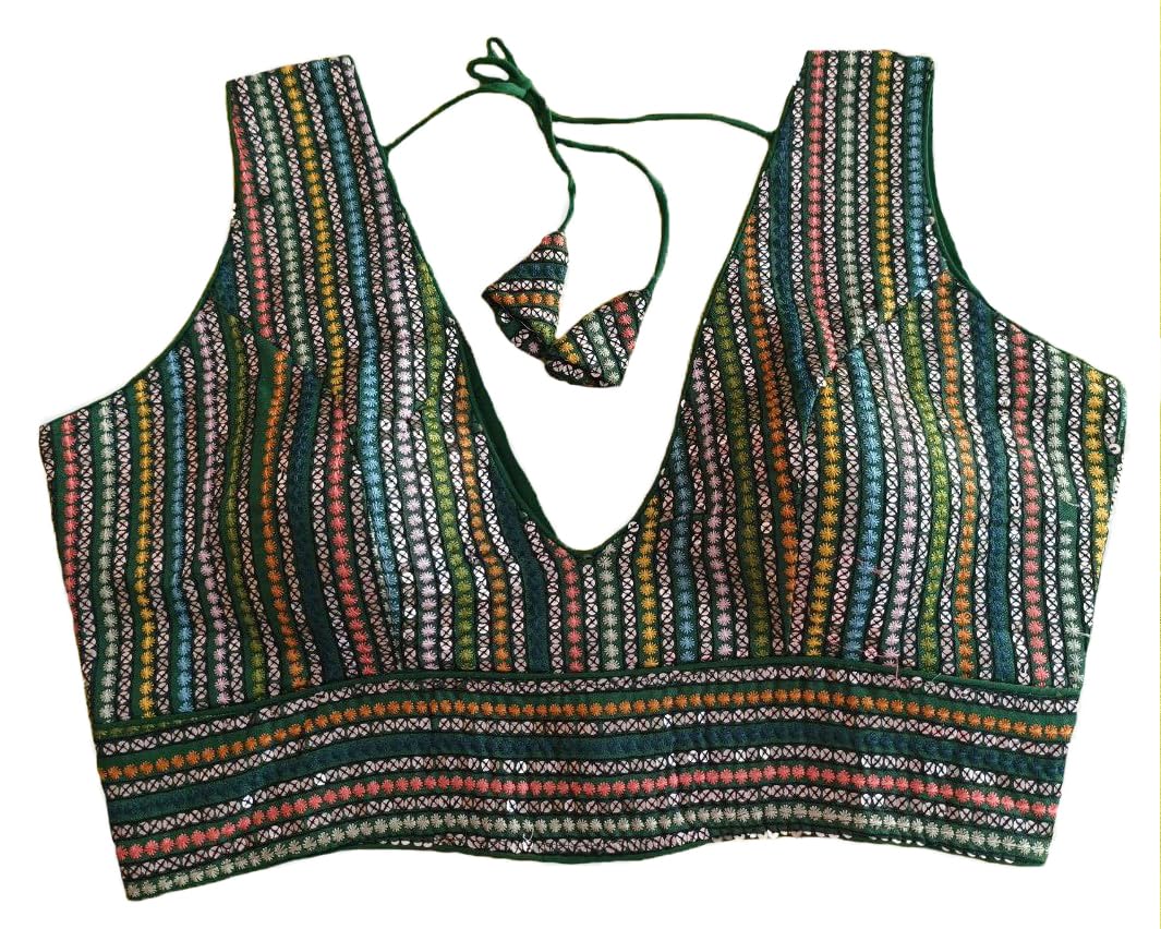 Vihu Fashion Womens Sleeveless Readymade sabyasachi Pattern V Neck Blouse Embroidery Work with Sequence Blouse Indian Ethnic we