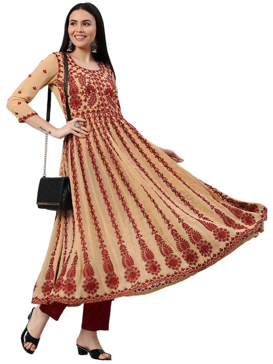 GoSriKi Women's Georgette Chikankari Embroidered Anarkali Kurti (Kari Beige-Nw1-GS)