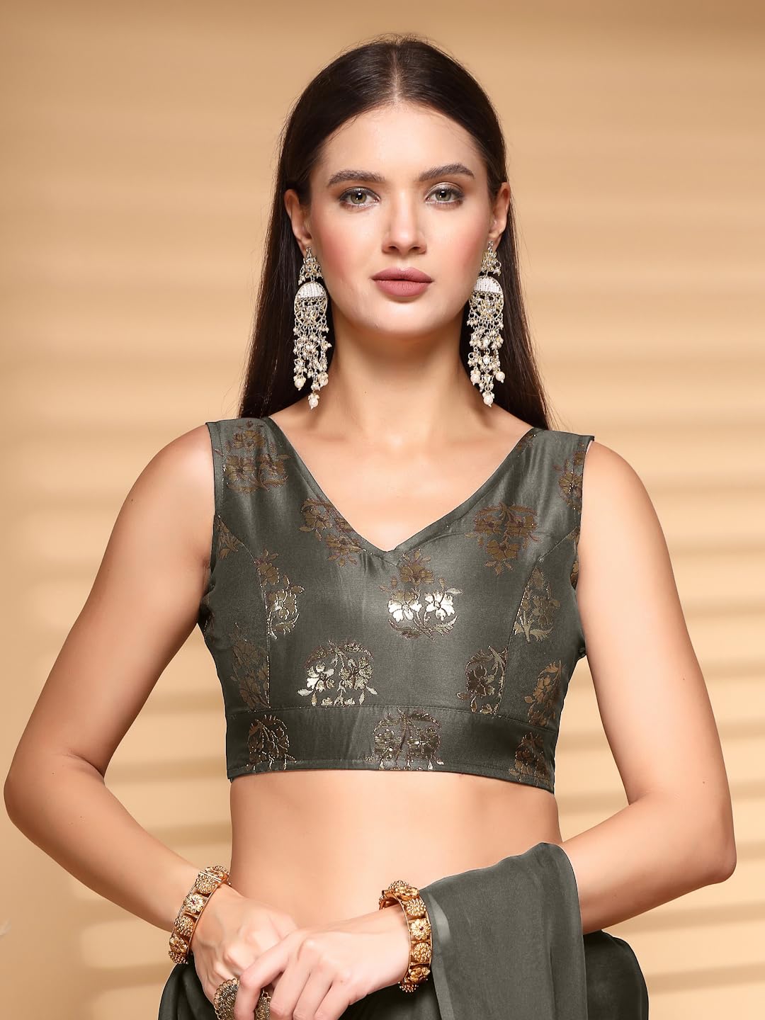 OOMPH! Readymade Blouse for Women, Brocade, Sleeveless, V-Neck, rbbl680