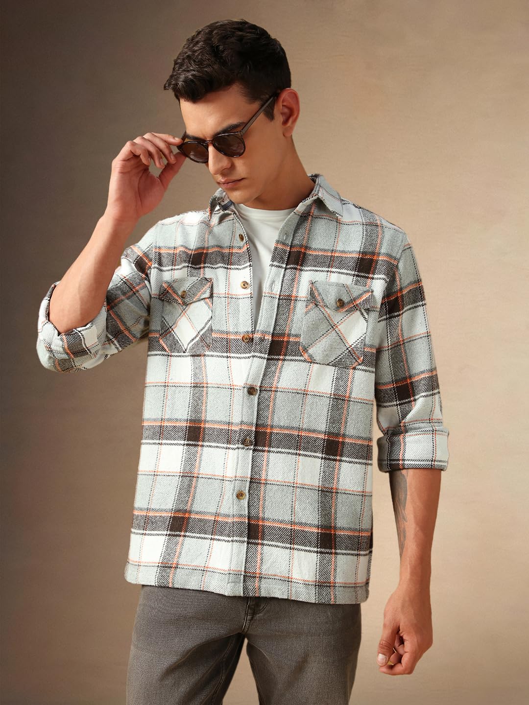 Dennis Lingo Men Flannel Check 100% Cotton Relaxed Fit Full Sleeves Shirts Grey