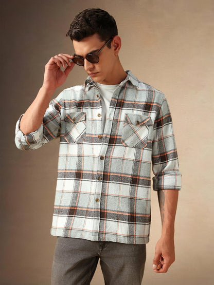 Dennis Lingo Men Flannel Check 100% Cotton Relaxed Fit Full Sleeves Shirts Grey